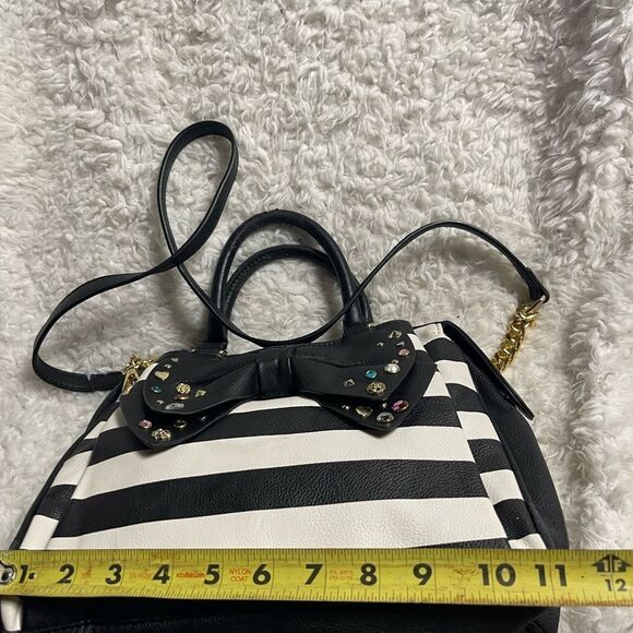 Betsey Johnson  Synthetic Black and White Striped Bow & studs accents satchel - Picture 9 of 13